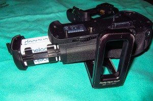 A view of the Nikon MB-D12 battery grip and AA holder showing fit.